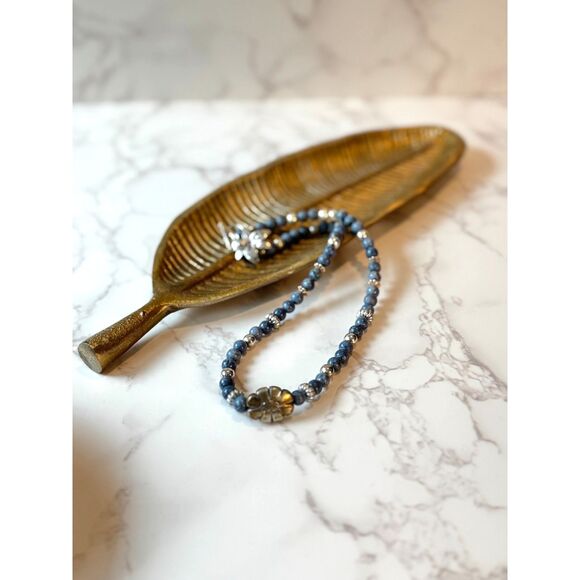 Blue & Silver Beaded Necklace w/Flower Clasp - Picture 1 of 4